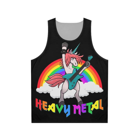 Heavy metal unicorn playing guitar on unisex tank top