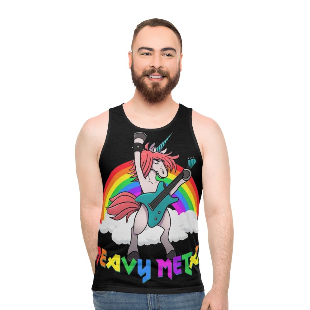 Heavy metal unicorn playing guitar on unisex tank top