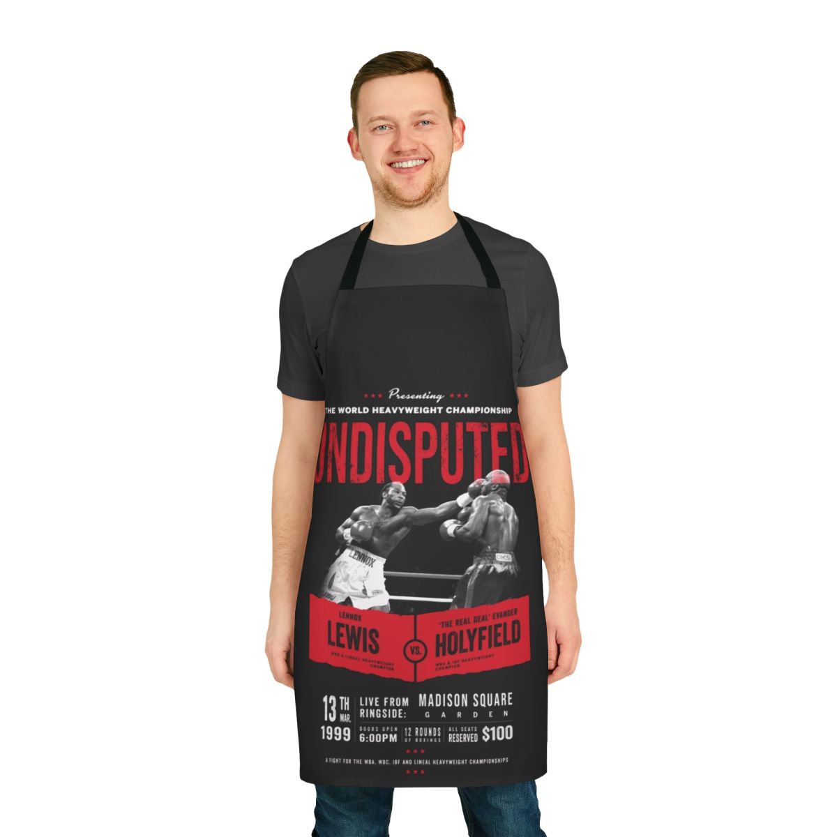 Heavyweight boxing champions t-shirt apron featuring Lennox Lewis and Evander Holyfield