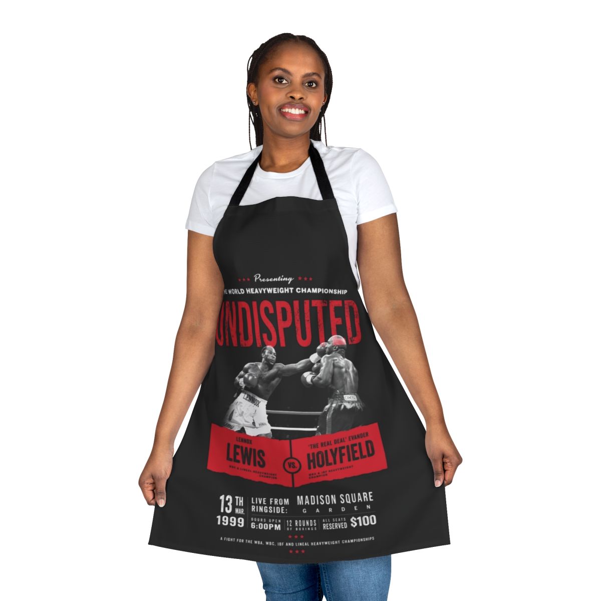 Heavyweight boxing champions t-shirt apron featuring Lennox Lewis and Evander Holyfield