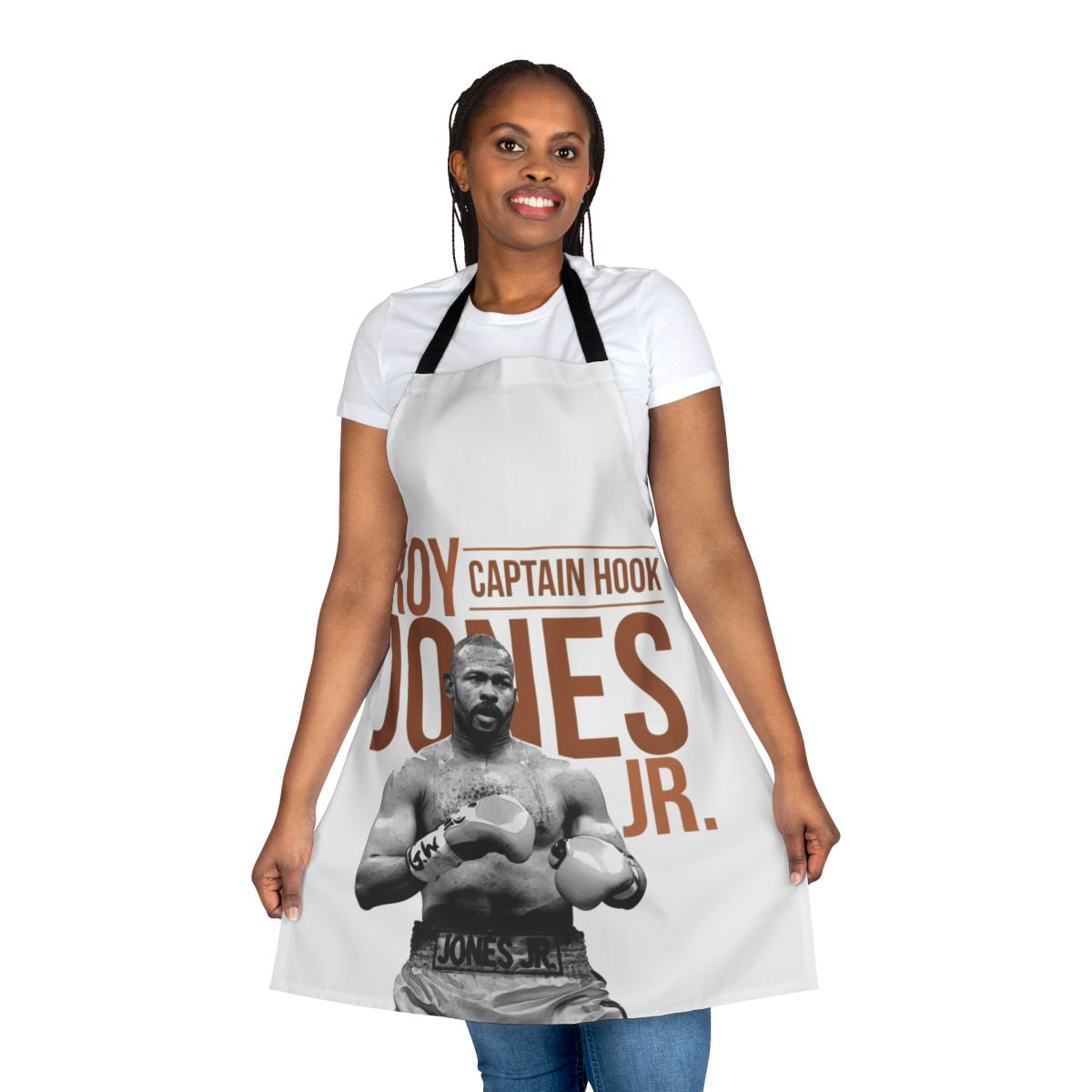 Heavyweight boxing inspired apron with Roy Jones Jr. inspired typography and black and white design
