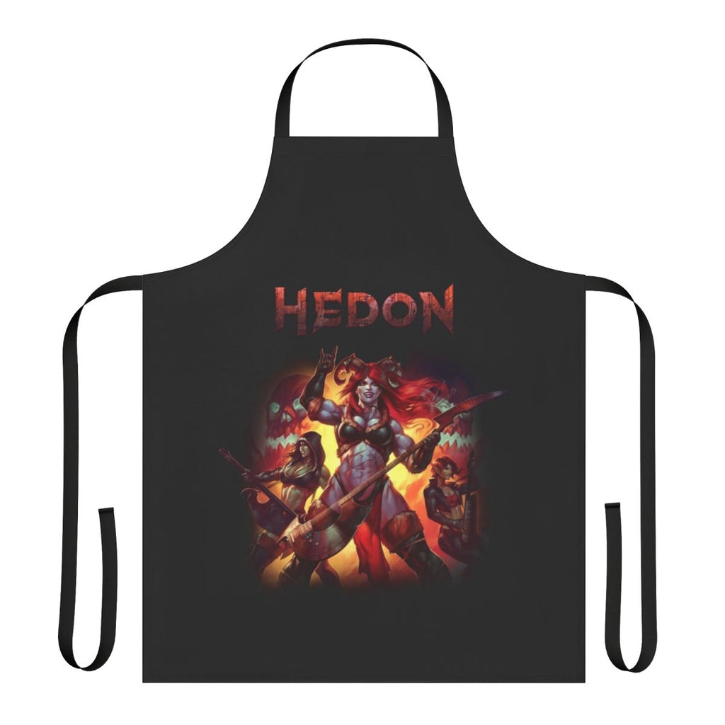 Hedon-inspired splash apron featuring fantasy video game art with demons, orcs, and gothic elements