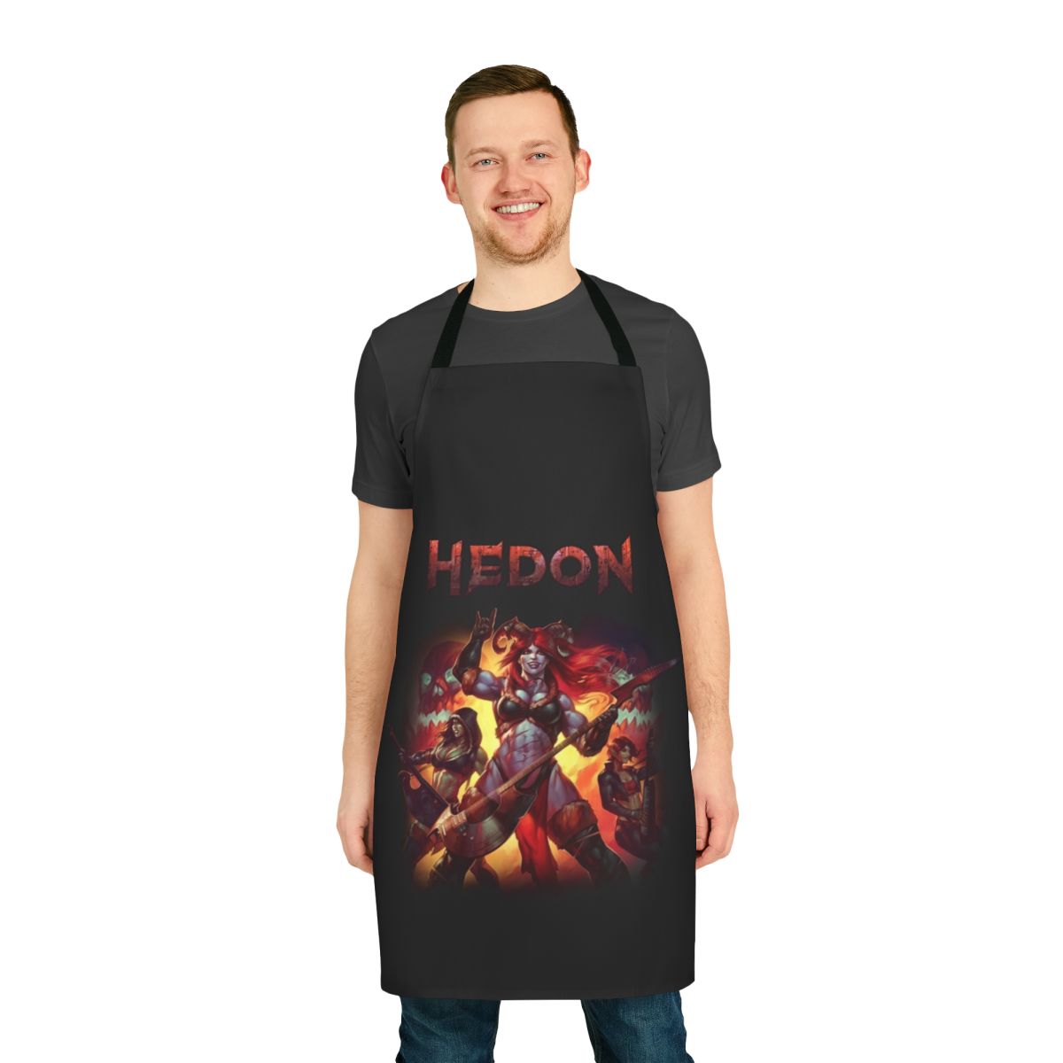Hedon-inspired splash apron featuring fantasy video game art with demons, orcs, and gothic elements