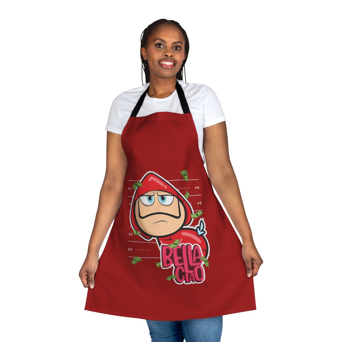 Heist-themed apron featuring Bella Ciao design from Money Heist/La Casa de Papel