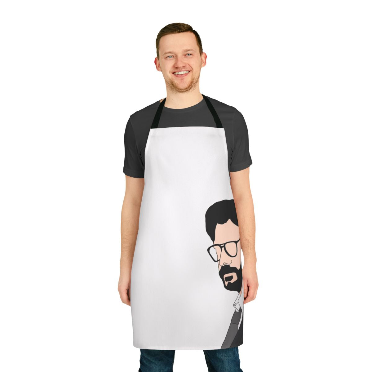 A stylish and durable apron inspired by the popular Netflix series Money Heist, featuring the iconic characters.