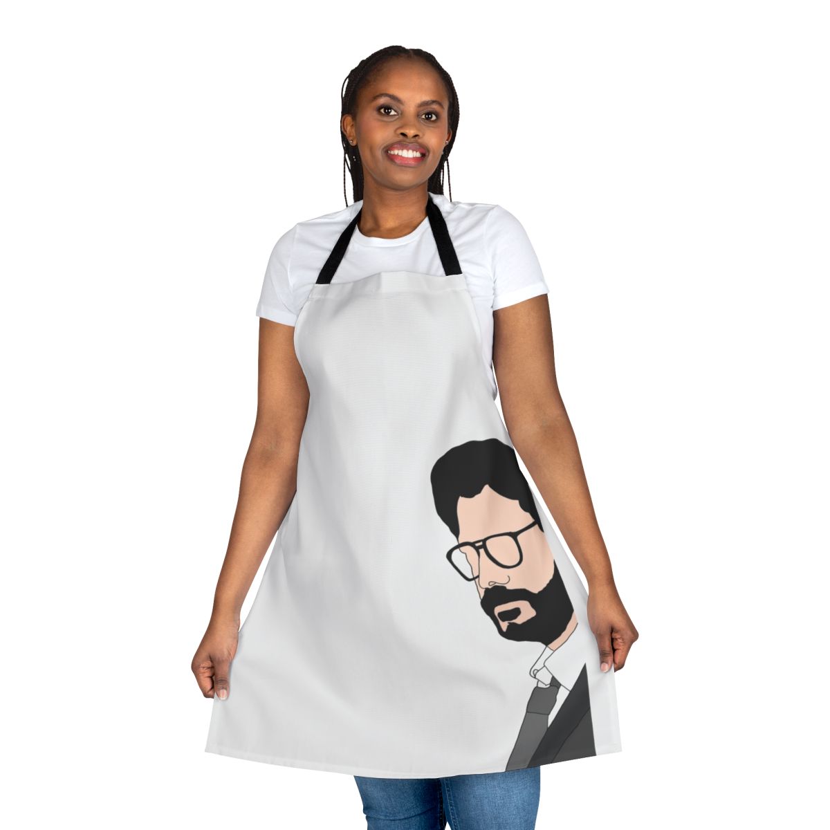 A stylish and durable apron inspired by the popular Netflix series Money Heist, featuring the iconic characters.