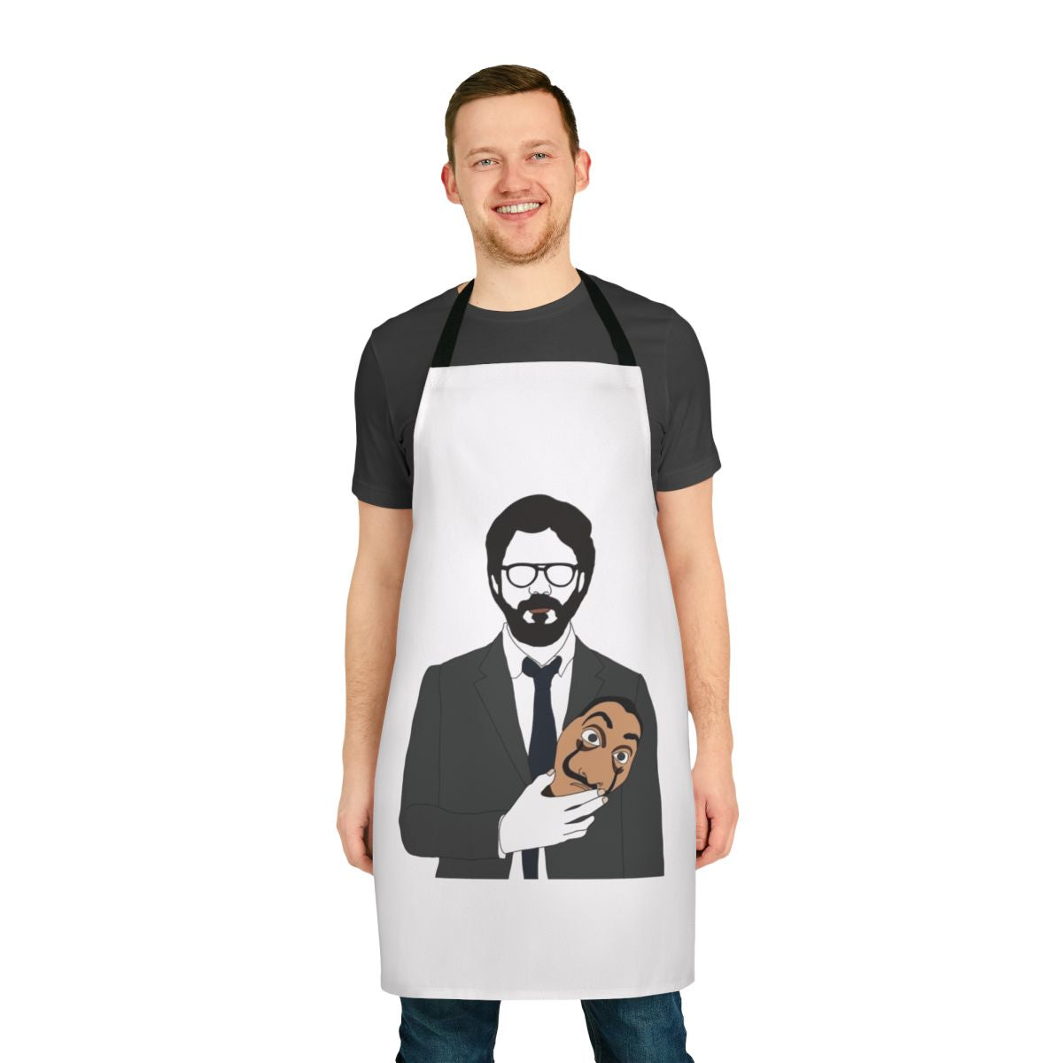Money Heist-inspired apron featuring the Professor and Mask from the popular Netflix series