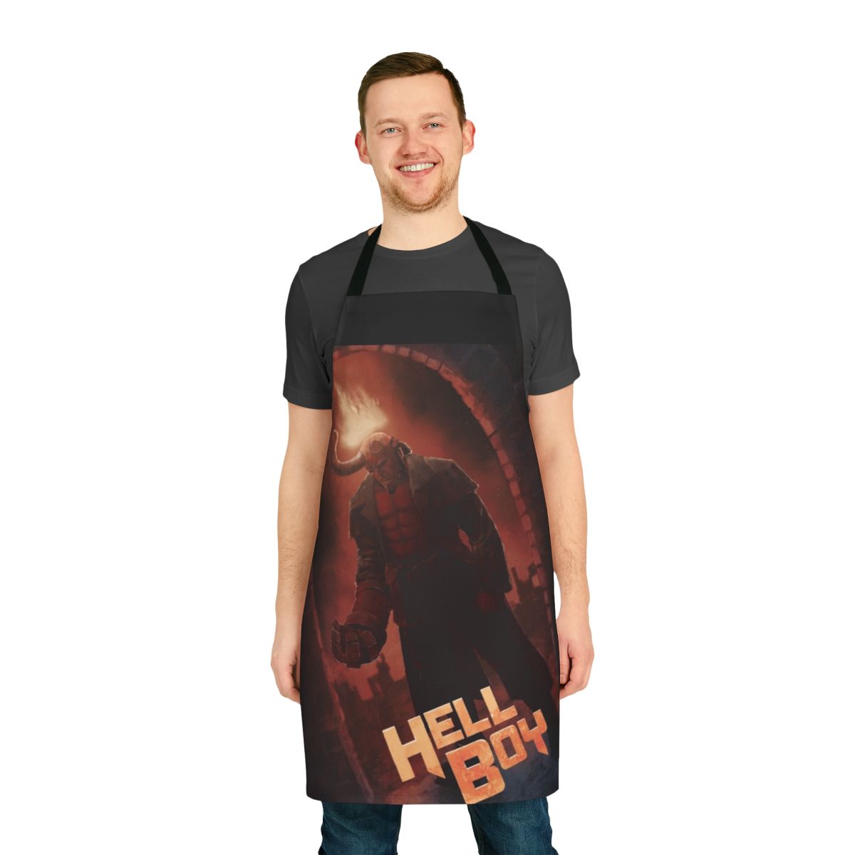 Hellboy inspired apron featuring the iconic character design from the Hellboy comics and movies