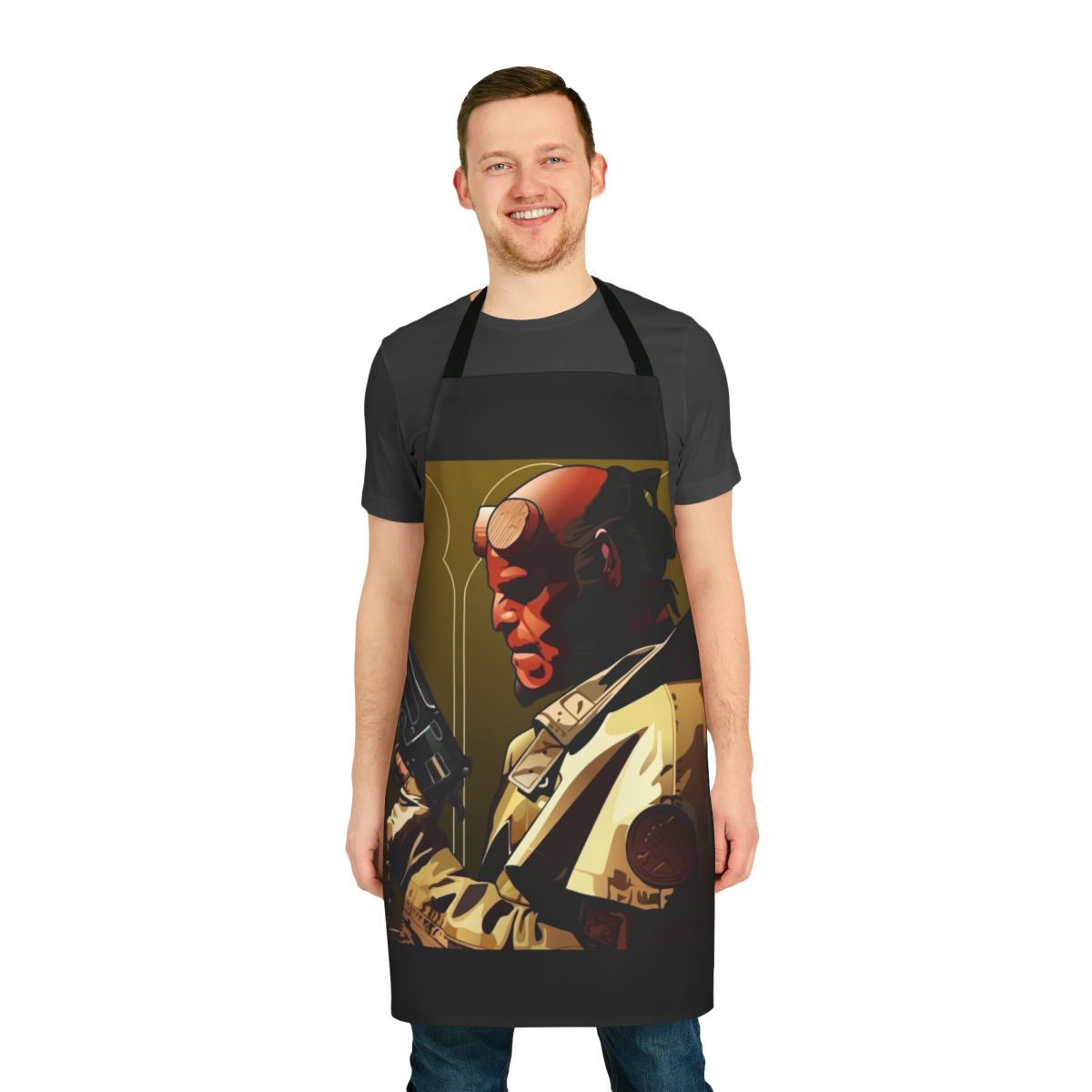 Hellboy-inspired apron with demonic imagery and comic book styling