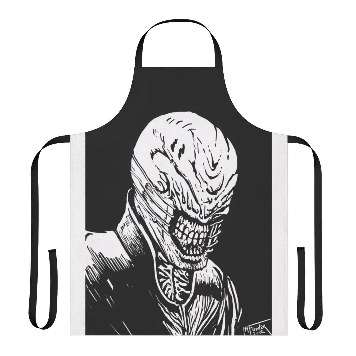 A dark and sinister-looking kitchen apron with the iconic Chatterer Cenobite face from the Hellraiser horror franchise.