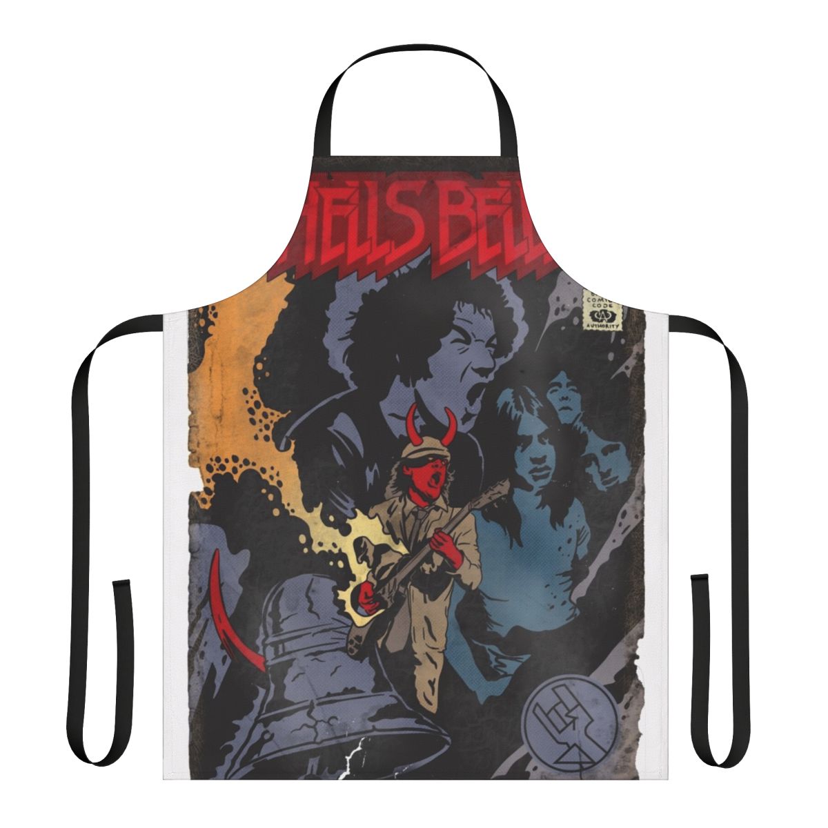 Hells Bells comics-themed apron with ACDC and Hellboy graphics