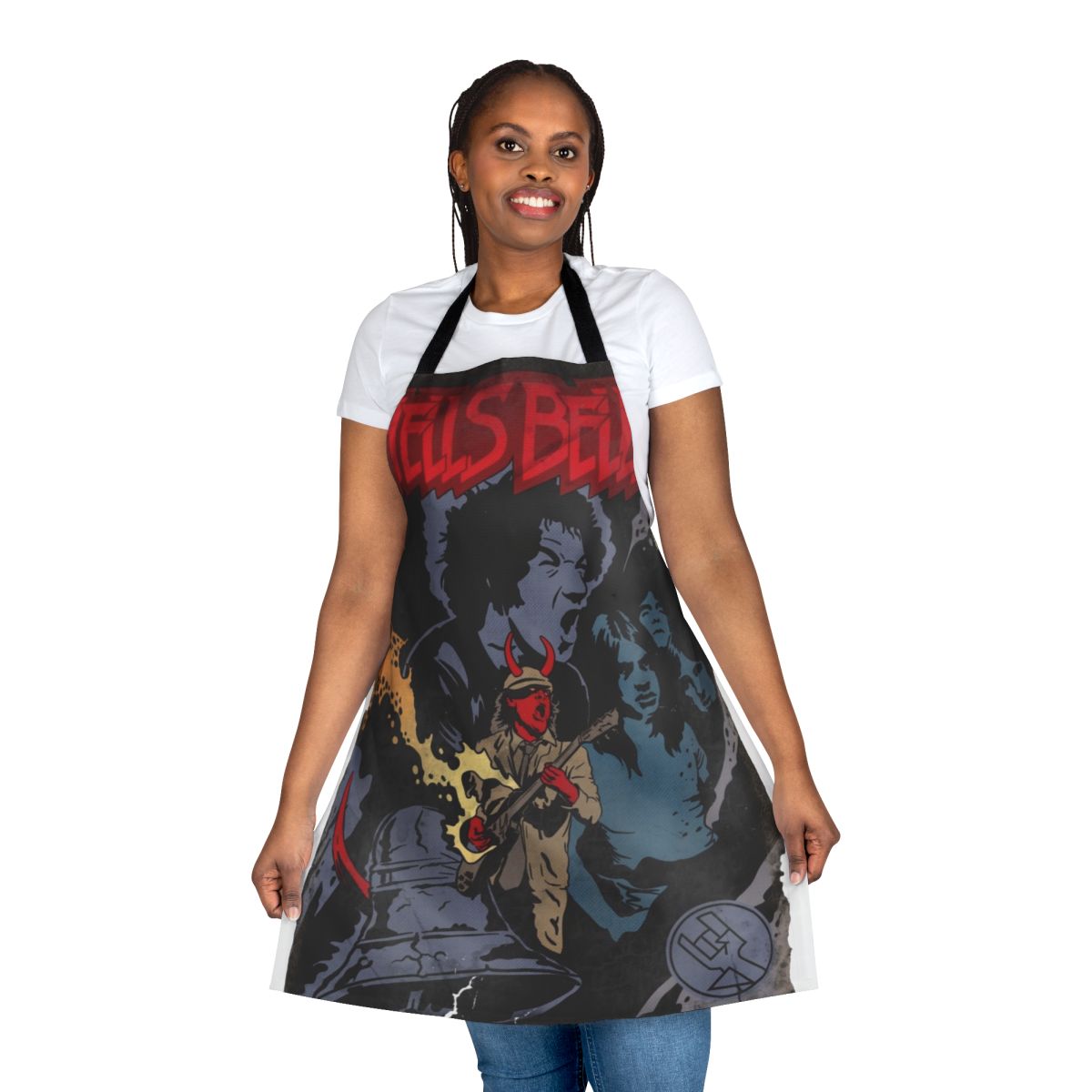 Hells Bells comics-themed apron with ACDC and Hellboy graphics