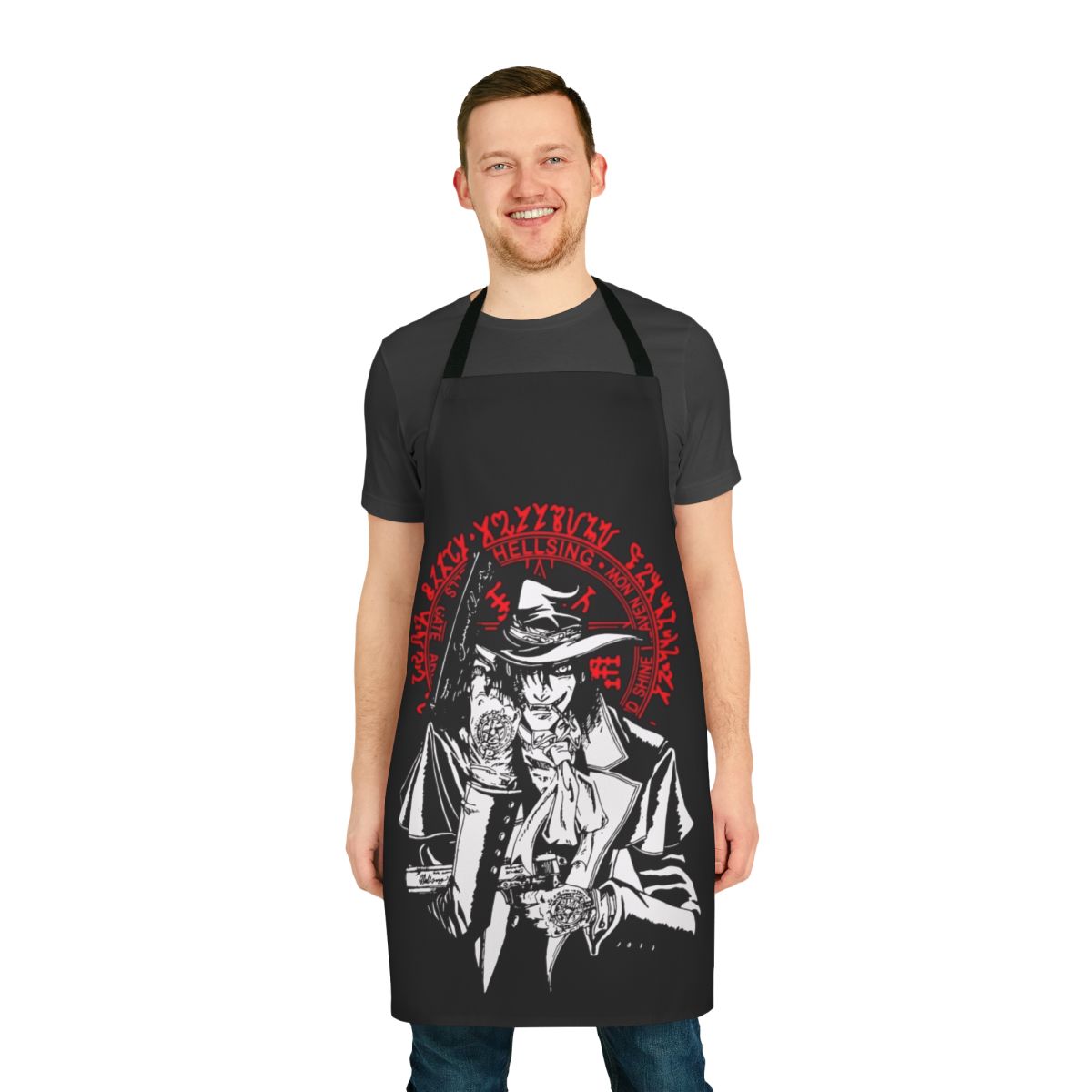 Hellsing-inspired Alucard vampire apron featuring the iconic Hellsing symbol and design