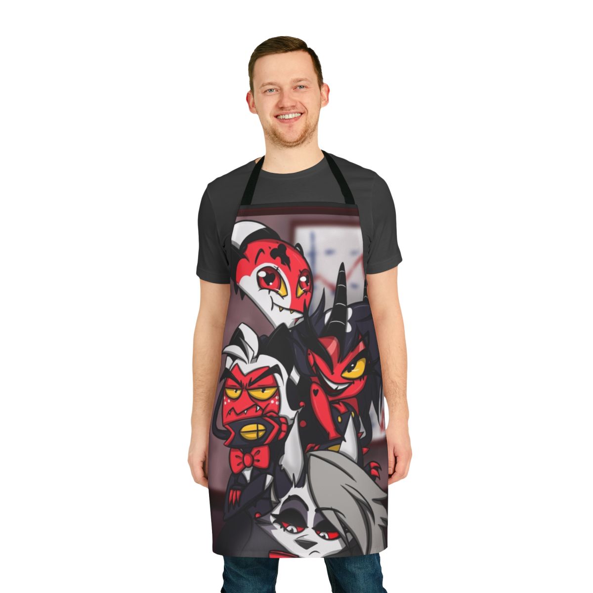 Helluva Boss Inspired Crew Apron featuring characters Blitzo, Moxxie, Millie, and Loona