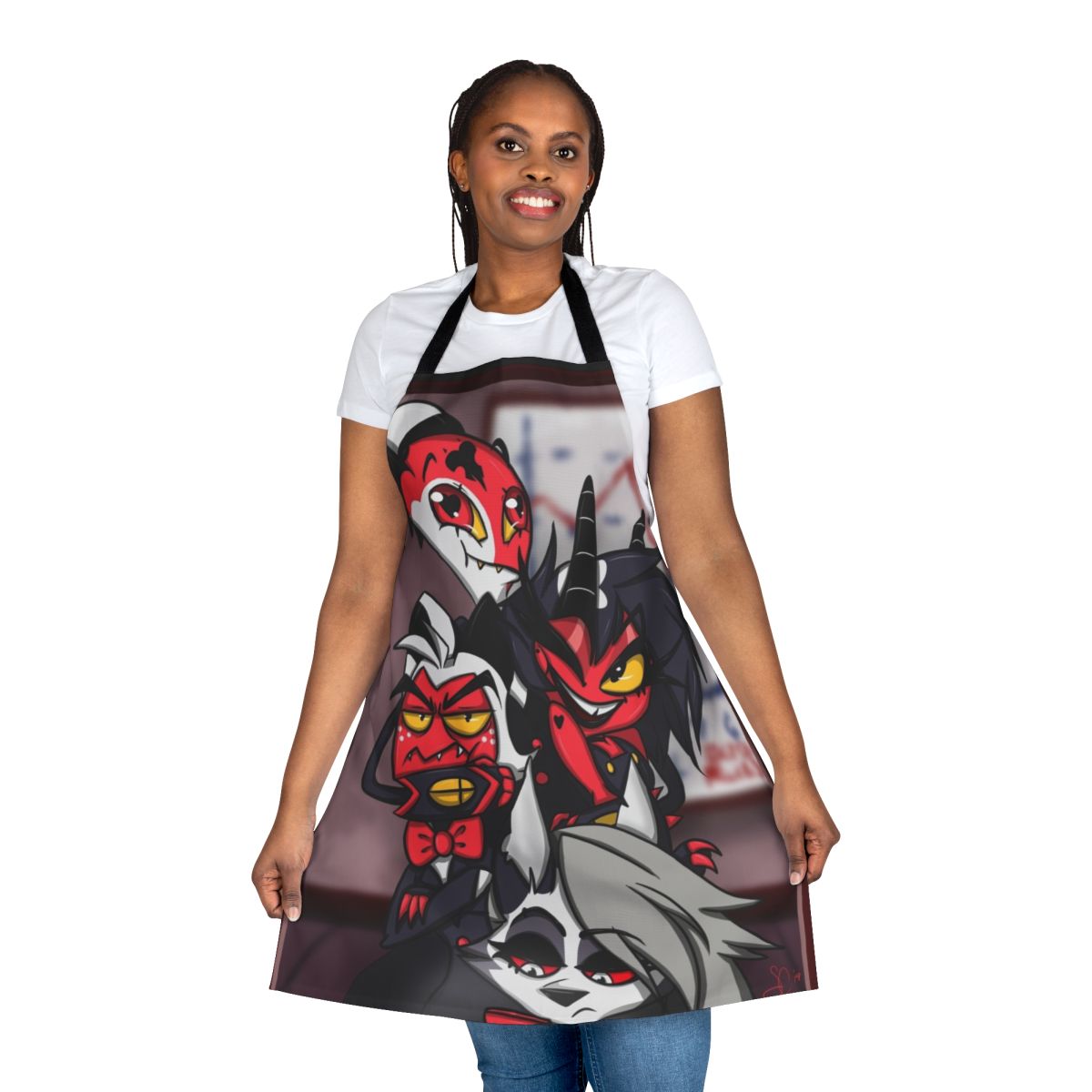 Helluva Boss Inspired Crew Apron featuring characters Blitzo, Moxxie, Millie, and Loona