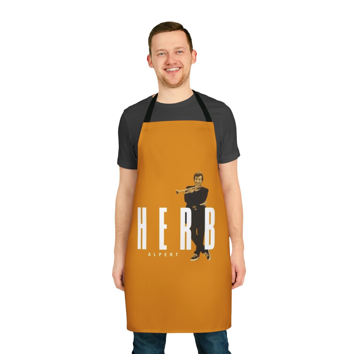 Herb Alpert-inspired jazz music kitchen apron
