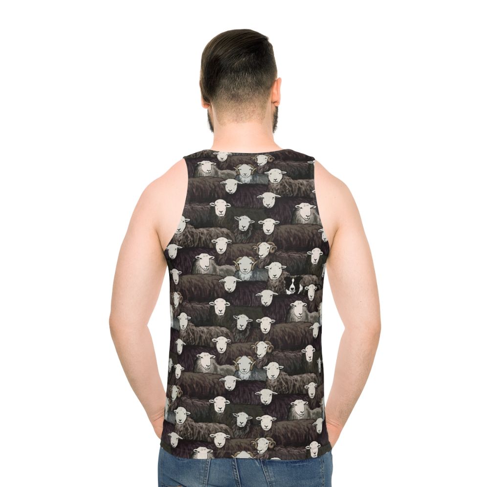 Herdwick Unisex Tank Top with Sheepdog and Farm Landscape Design