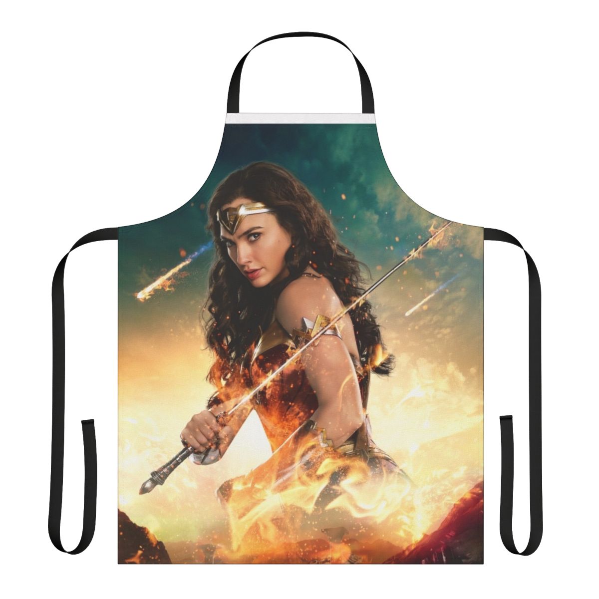 Apron featuring a super heroine inspired design with bold colors and a powerful amazon warrior aesthetic