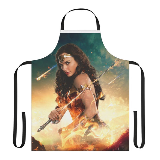 Apron featuring a super heroine inspired design with bold colors and a powerful amazon warrior aesthetic