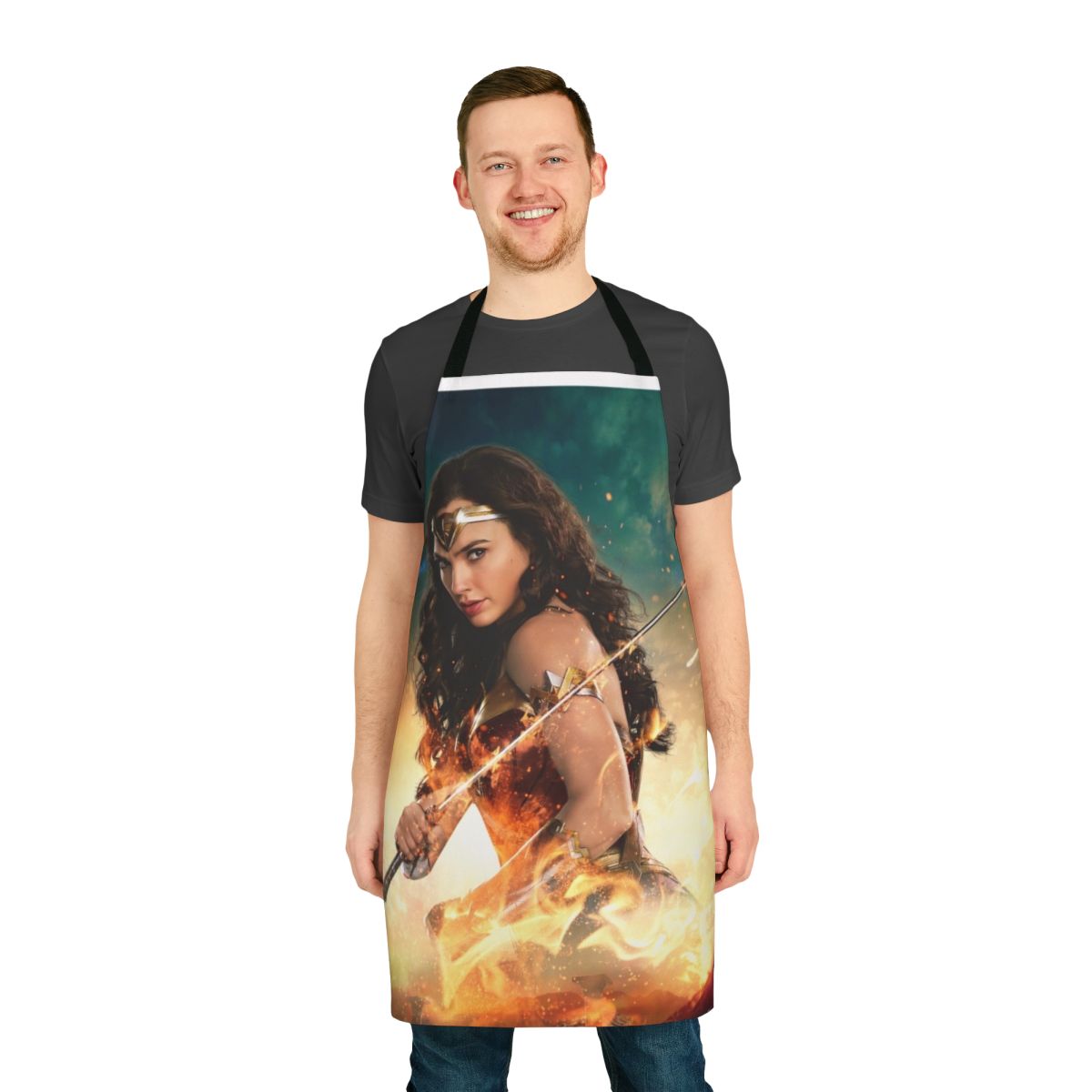 Apron featuring a super heroine inspired design with bold colors and a powerful amazon warrior aesthetic