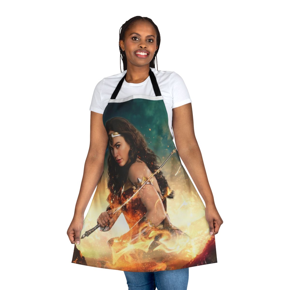 Apron featuring a super heroine inspired design with bold colors and a powerful amazon warrior aesthetic