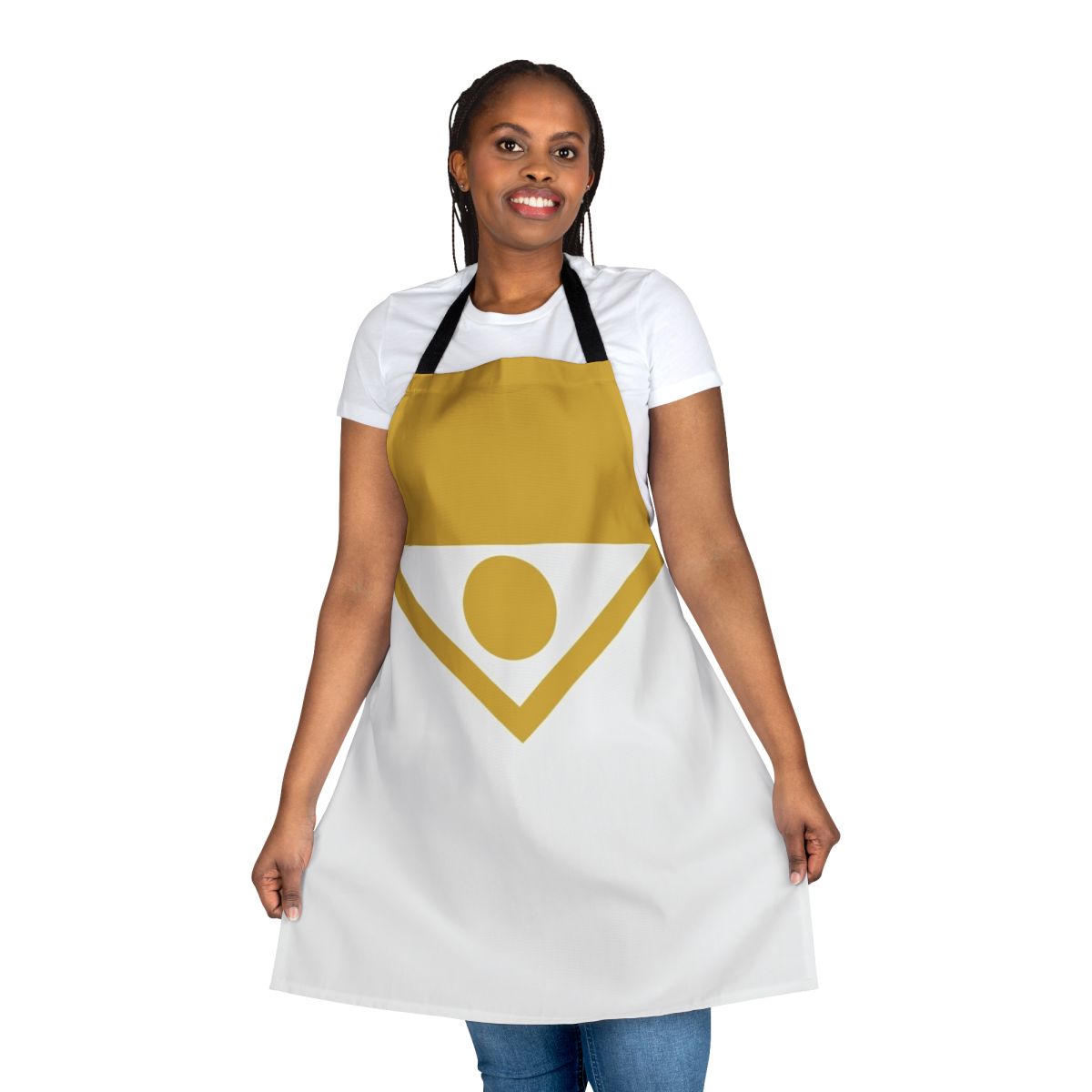 Apollo-inspired apron featuring a bold, superhero-themed design