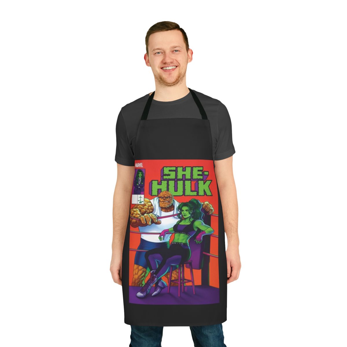 Heroic apron cover featuring a big green monster design