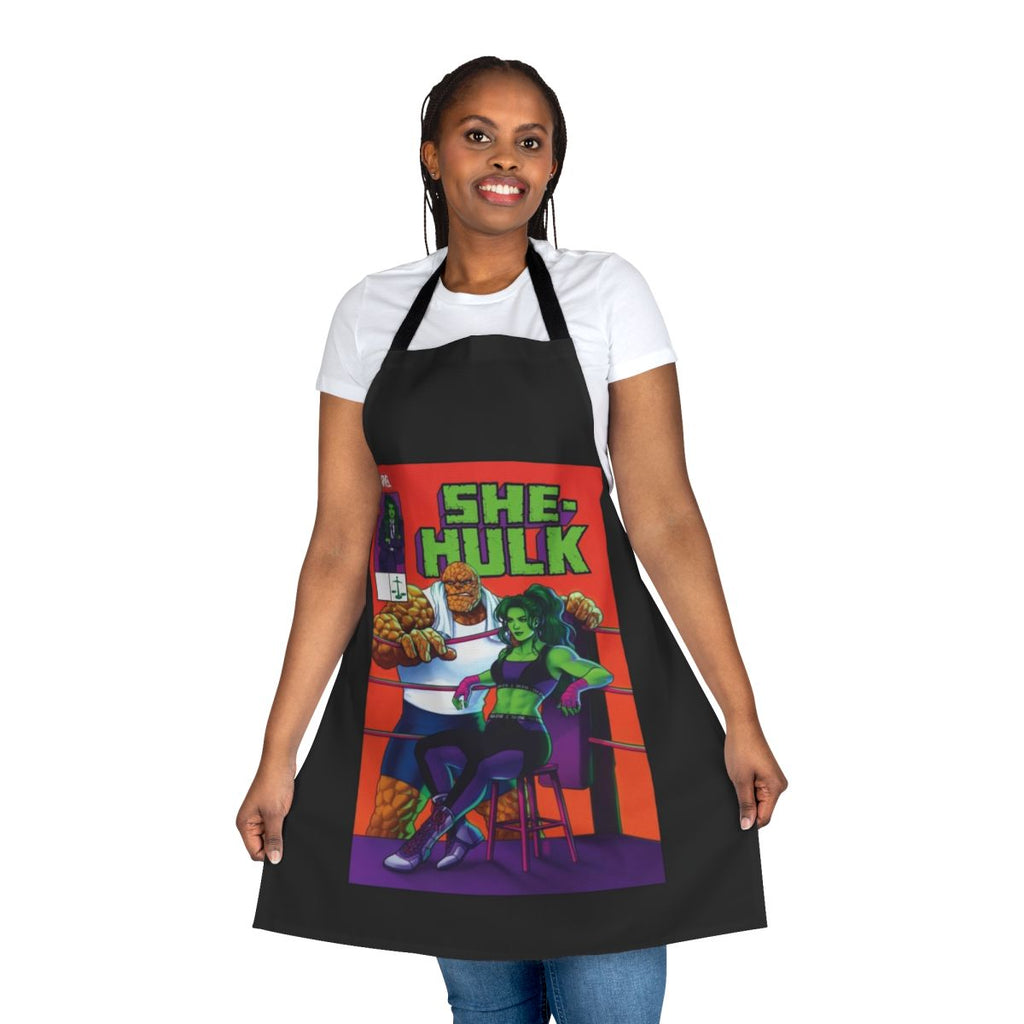 Heroic apron cover featuring a big green monster design