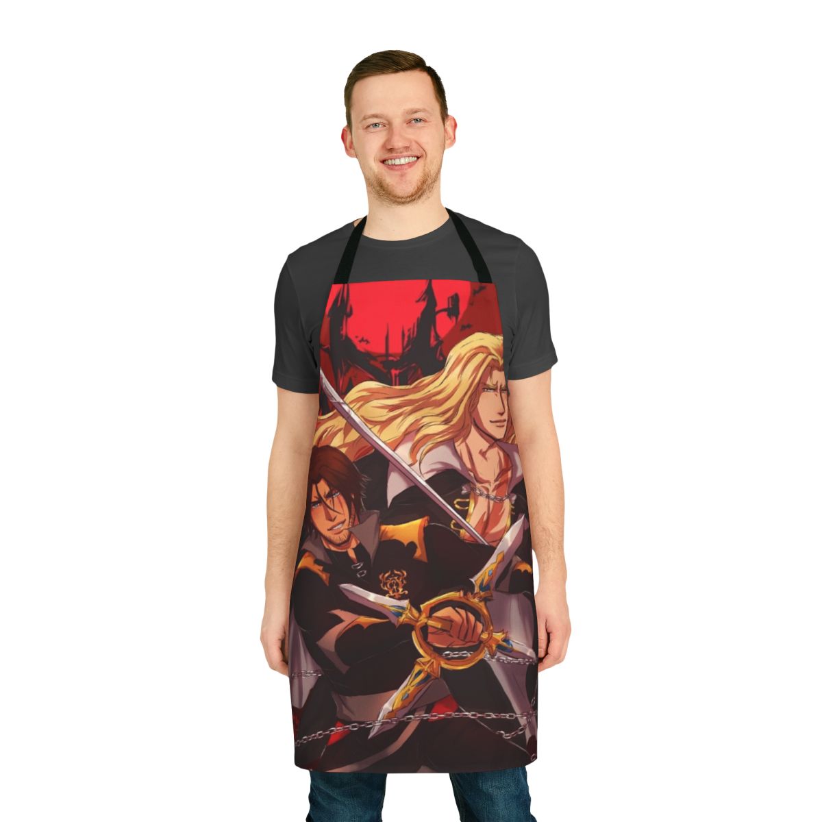 Castlevania-inspired apron featuring Trevor Belmont and Alucard