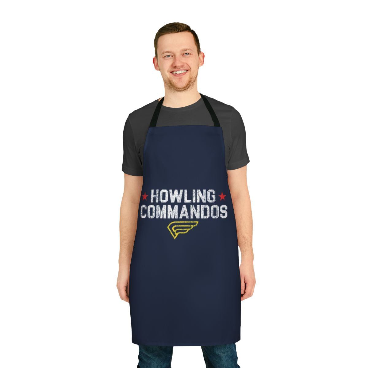 Stylish Howling Commandos-themed apron featuring Captain America, Bucky Barnes, and other iconic Marvel superheroes