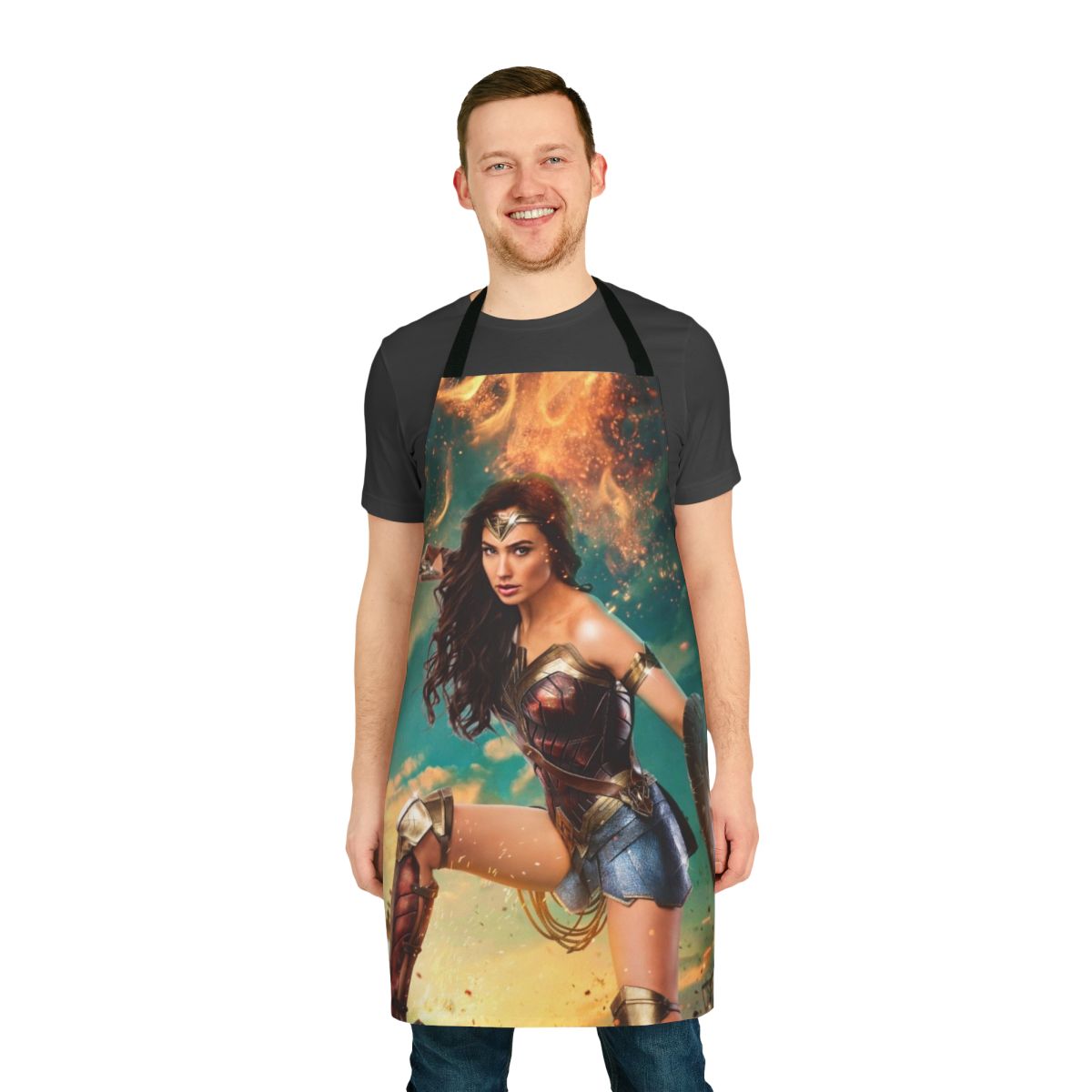 Woman wearing a super heroine inspired amazon warrior apron