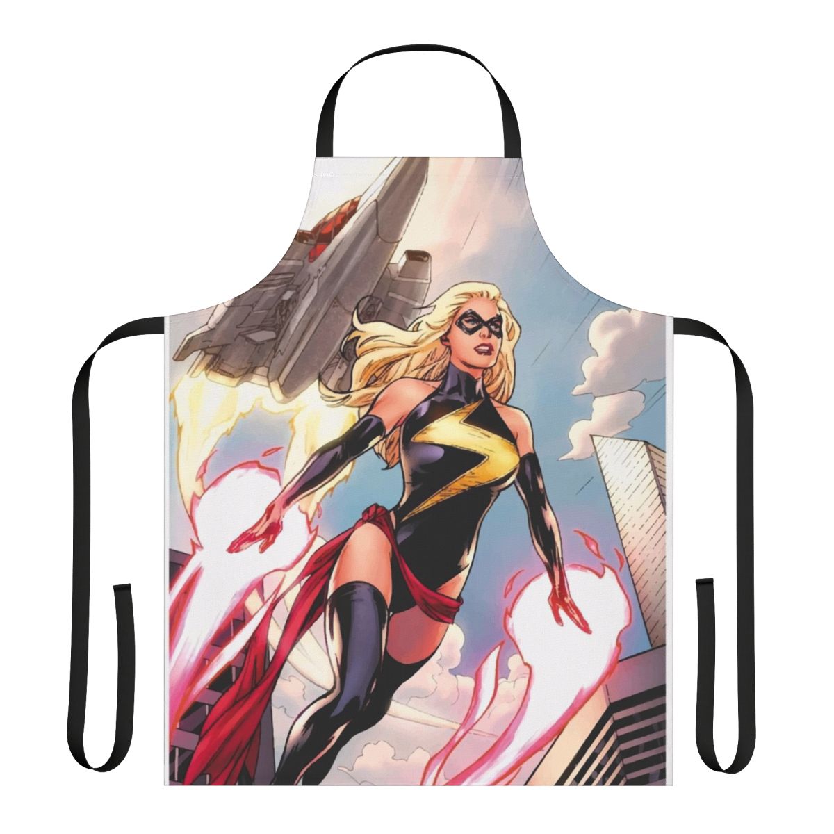 Stylish apron featuring the image of the powerful superhero Captain Marvel