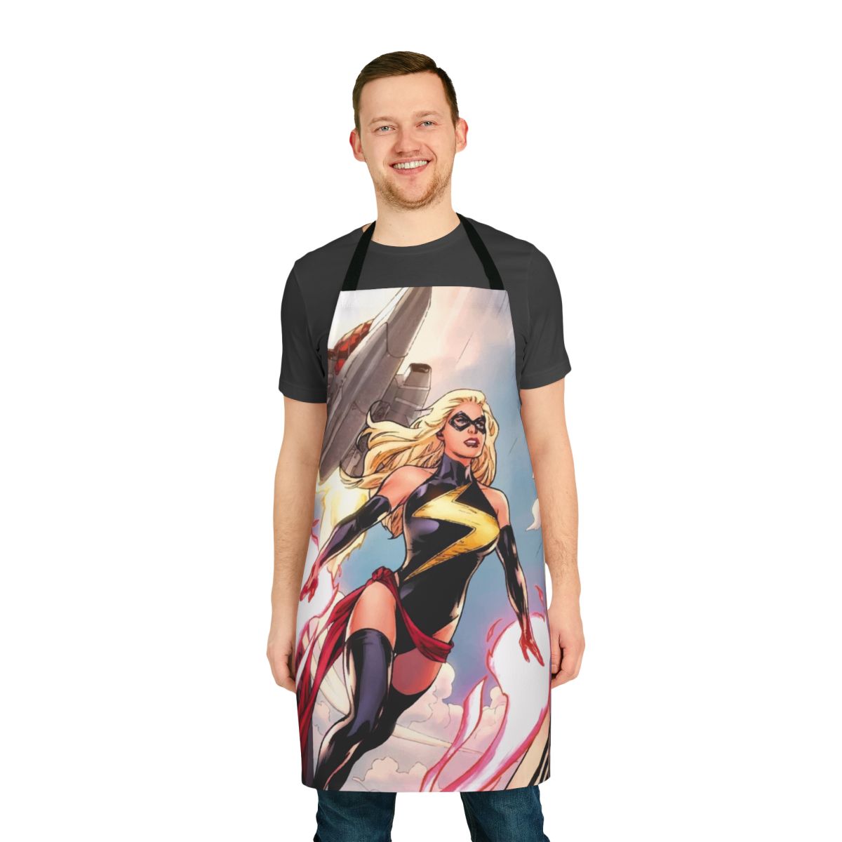 Stylish apron featuring the image of the powerful superhero Captain Marvel