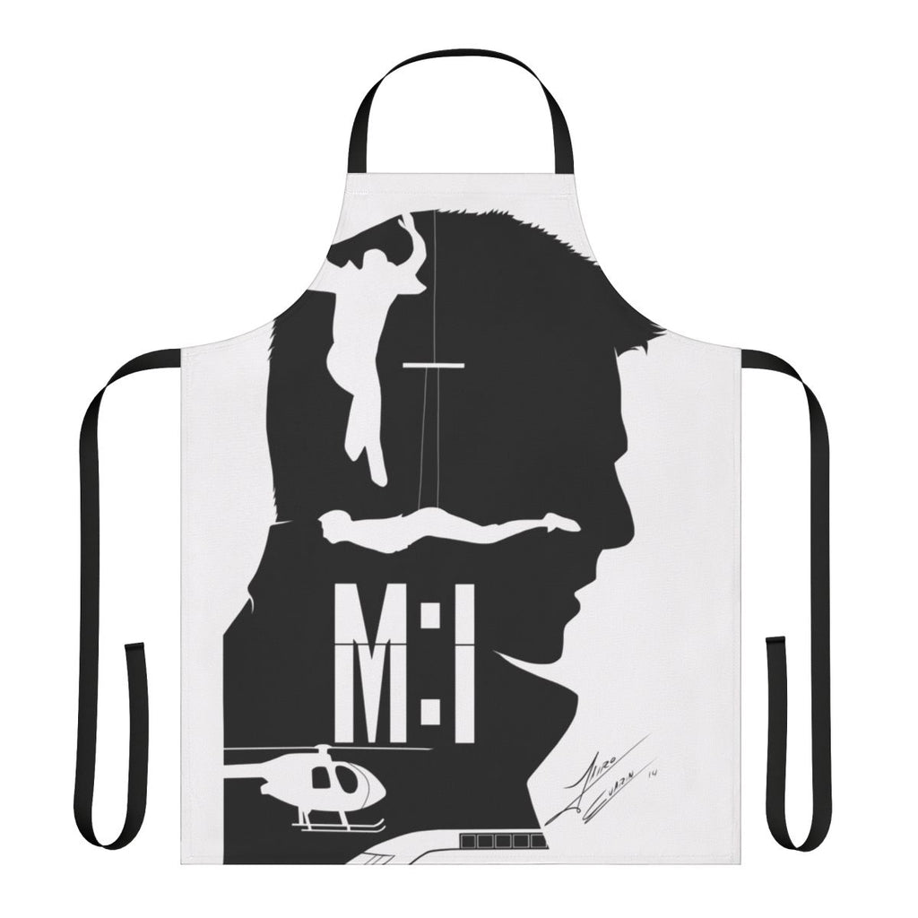 Mission Impossible-inspired apron with spy and action movie motifs