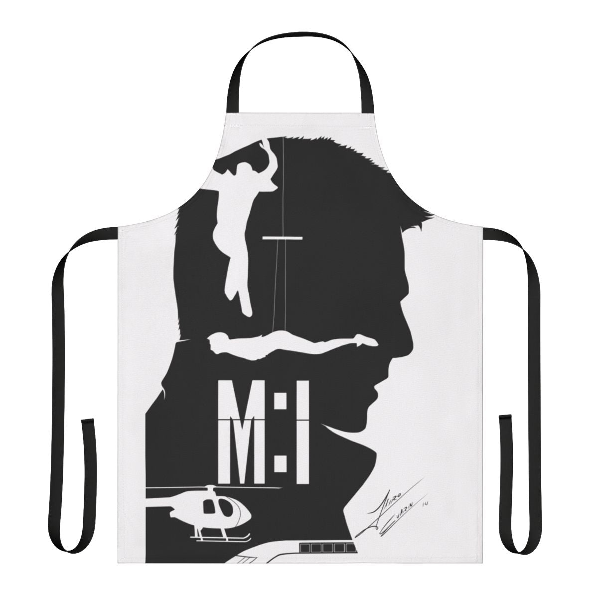 Mission Impossible-inspired apron with spy and action movie motifs