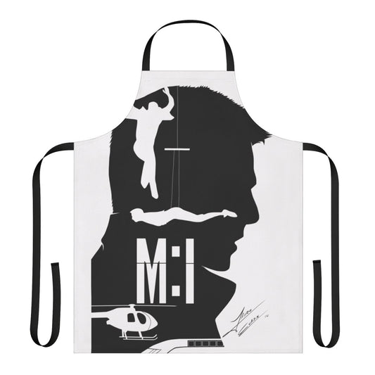 Mission Impossible-inspired apron with spy and action movie motifs