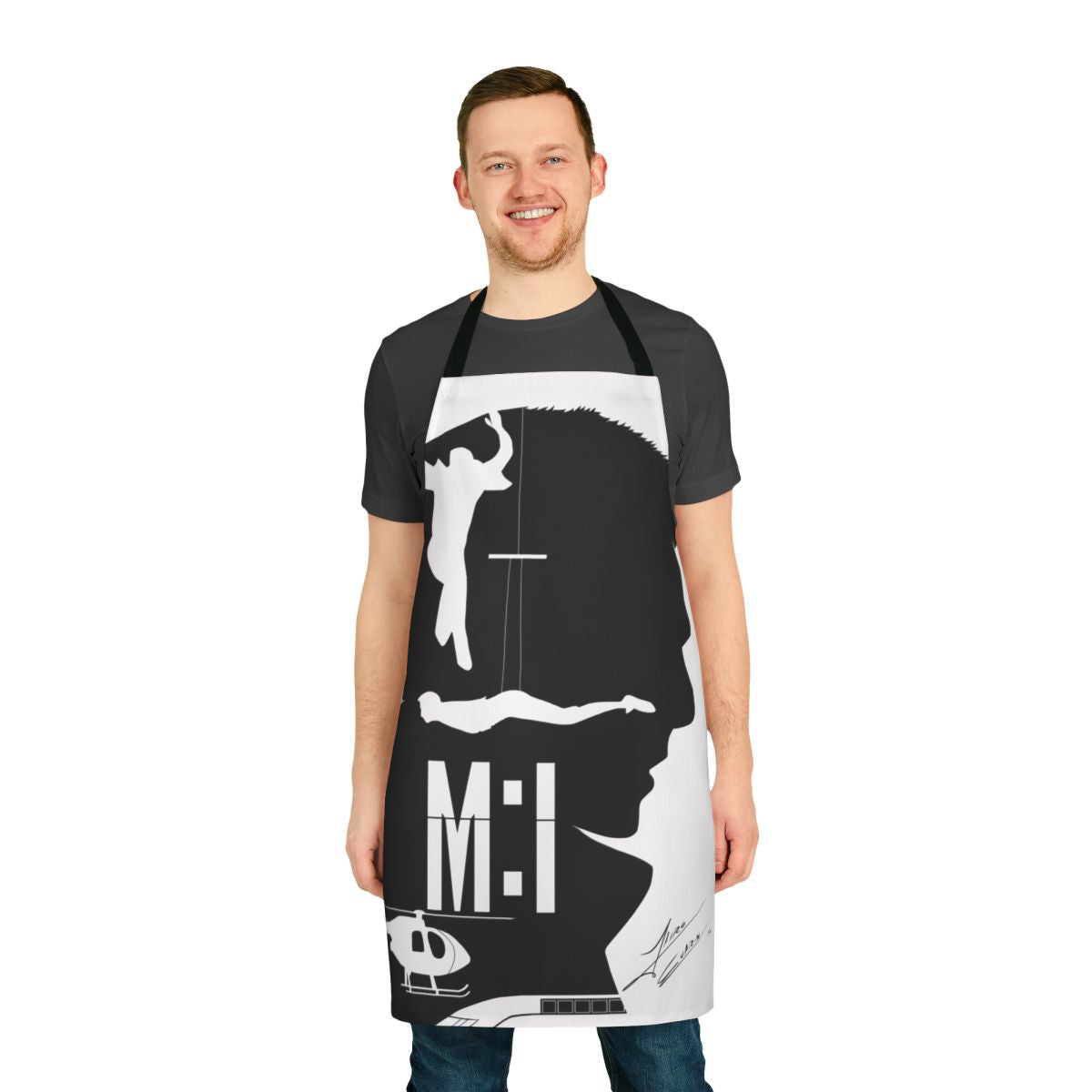 Mission Impossible-inspired apron with spy and action movie motifs