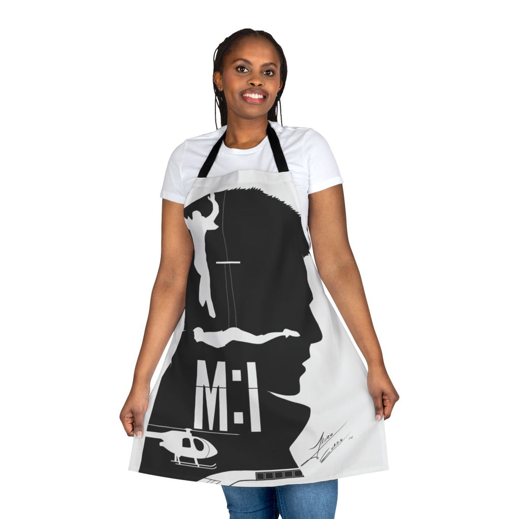 Mission Impossible-inspired apron with spy and action movie motifs