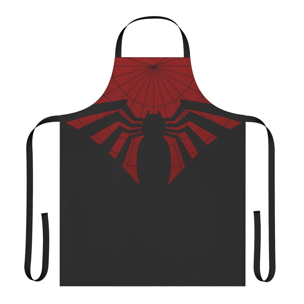 A red and black apron with a heroic design, perfect for cosplay or cooking enthusiasts.