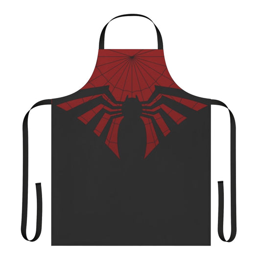 A red and black apron with a heroic design, perfect for cosplay or cooking enthusiasts.