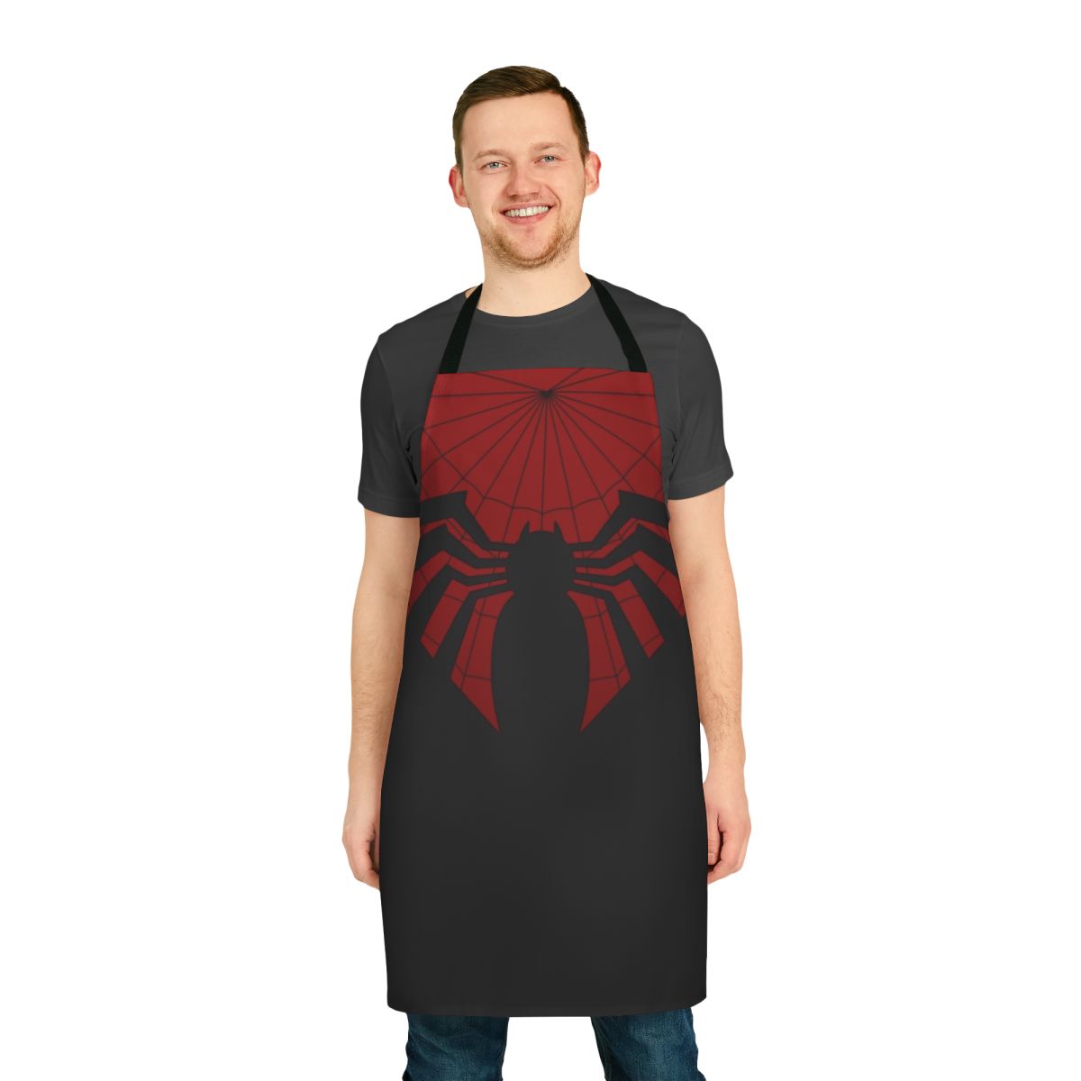 A red and black apron with a heroic design, perfect for cosplay or cooking enthusiasts.