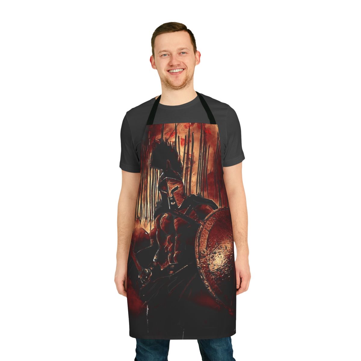 Stylish apron featuring Spartan warrior imagery and text
