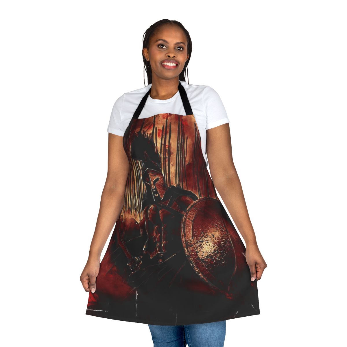 Stylish apron featuring Spartan warrior imagery and text