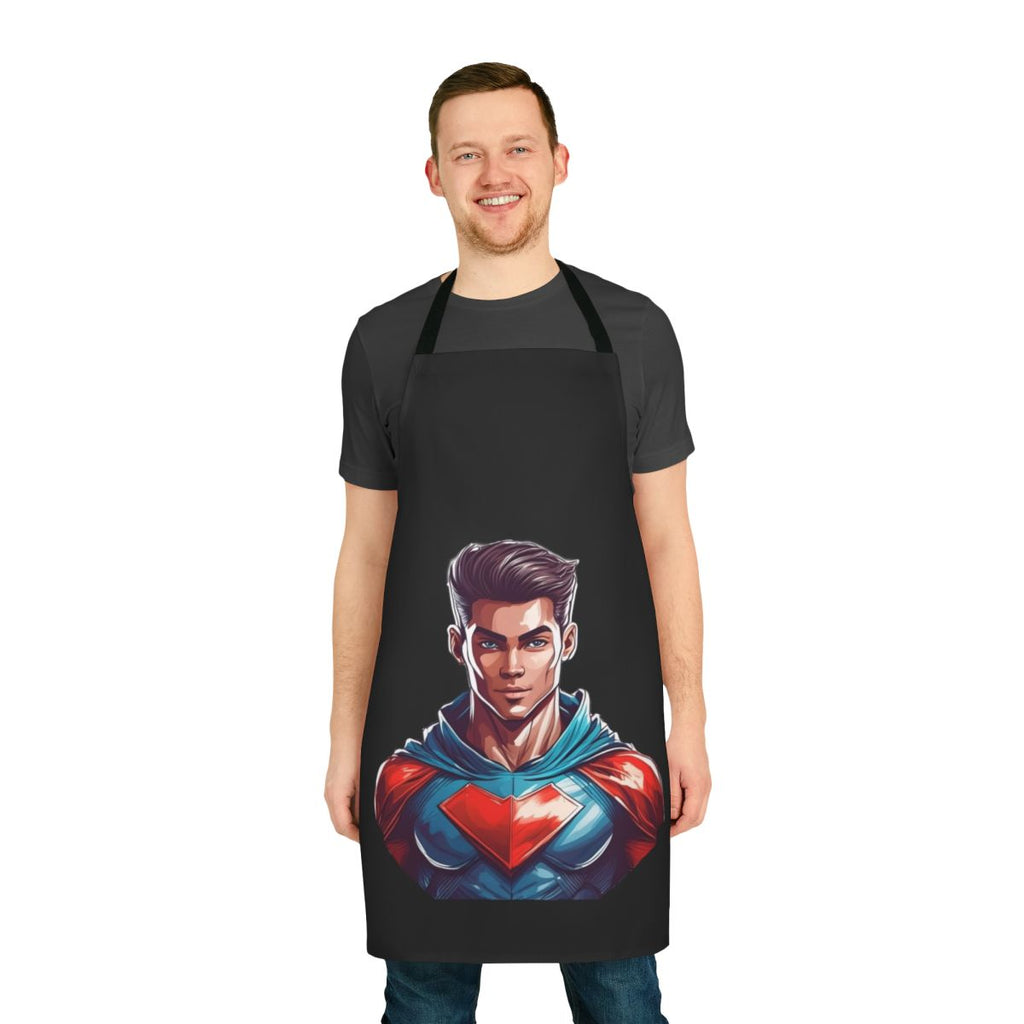 Superhero-themed apron featuring bold designs and empowering messaging