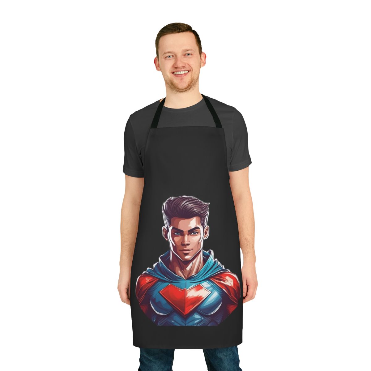 Superhero-themed apron featuring bold designs and empowering messaging