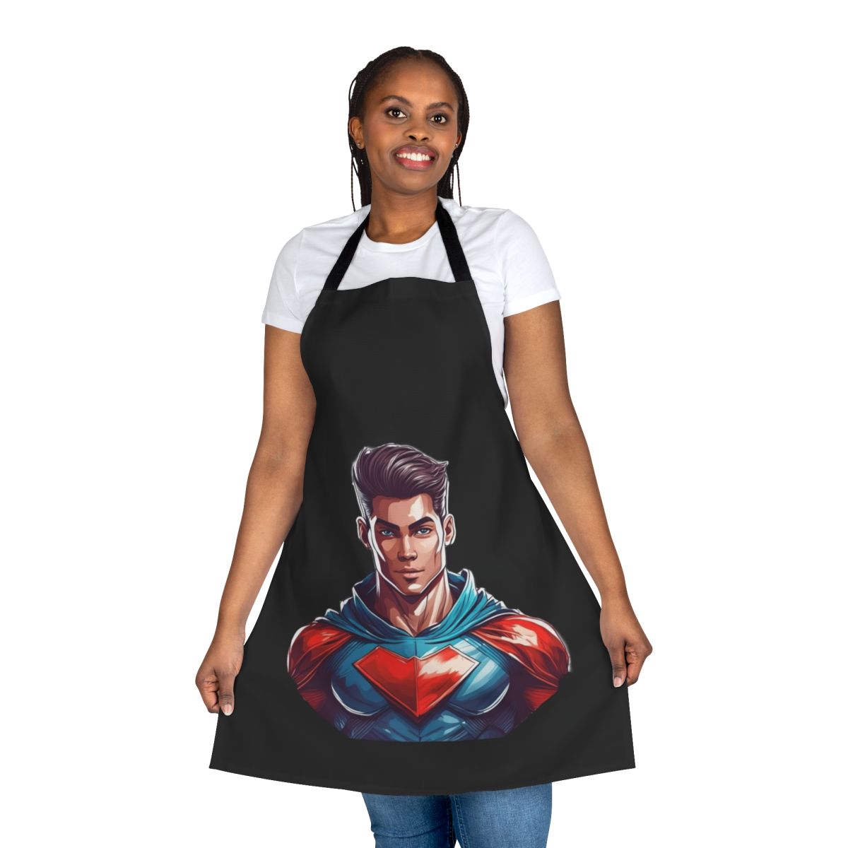 Superhero-themed apron featuring bold designs and empowering messaging