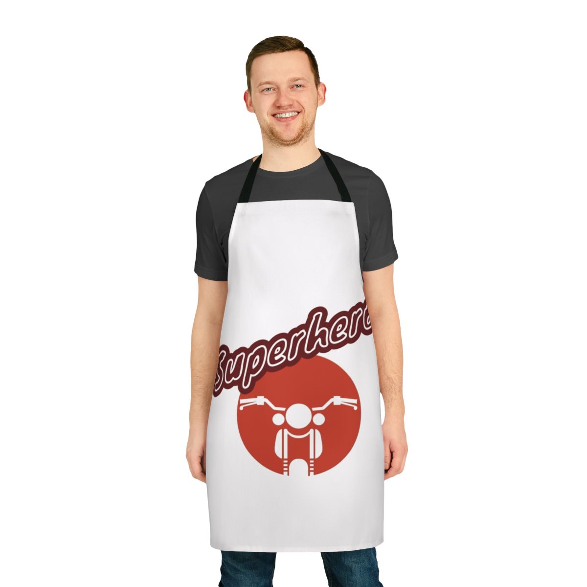 Superhero-themed apron with bold colors and a heroic design