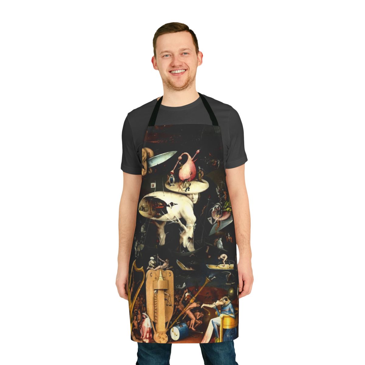 Hieronymus Bosch-inspired apron featuring elements from the iconic 'Garden of Earthly Delights' painting
