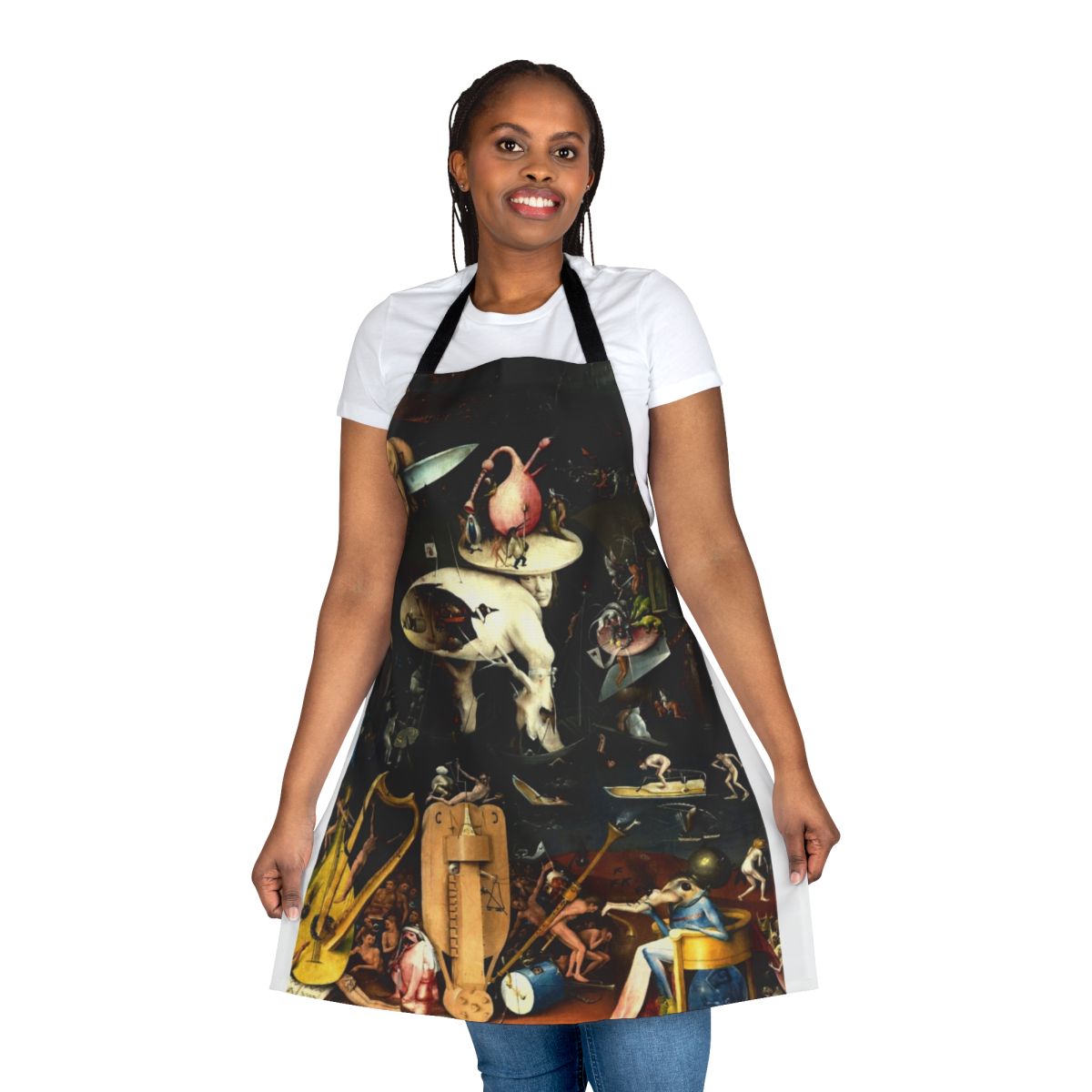 Hieronymus Bosch-inspired apron featuring elements from the iconic 'Garden of Earthly Delights' painting