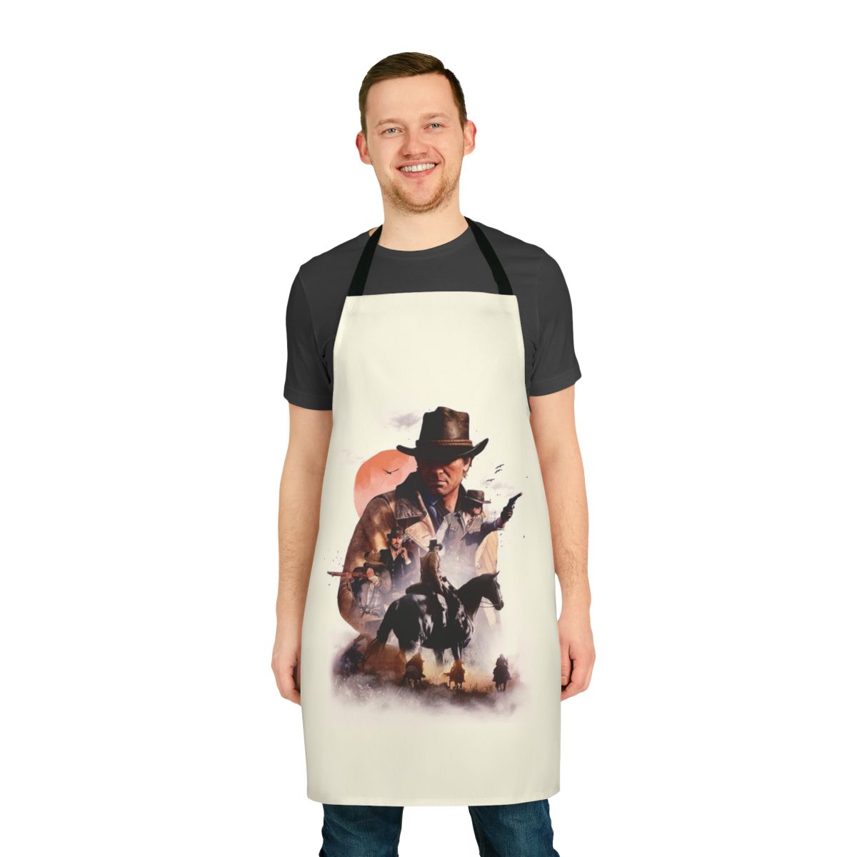 Person wearing a blue and white striped apron while cooking in the kitchen